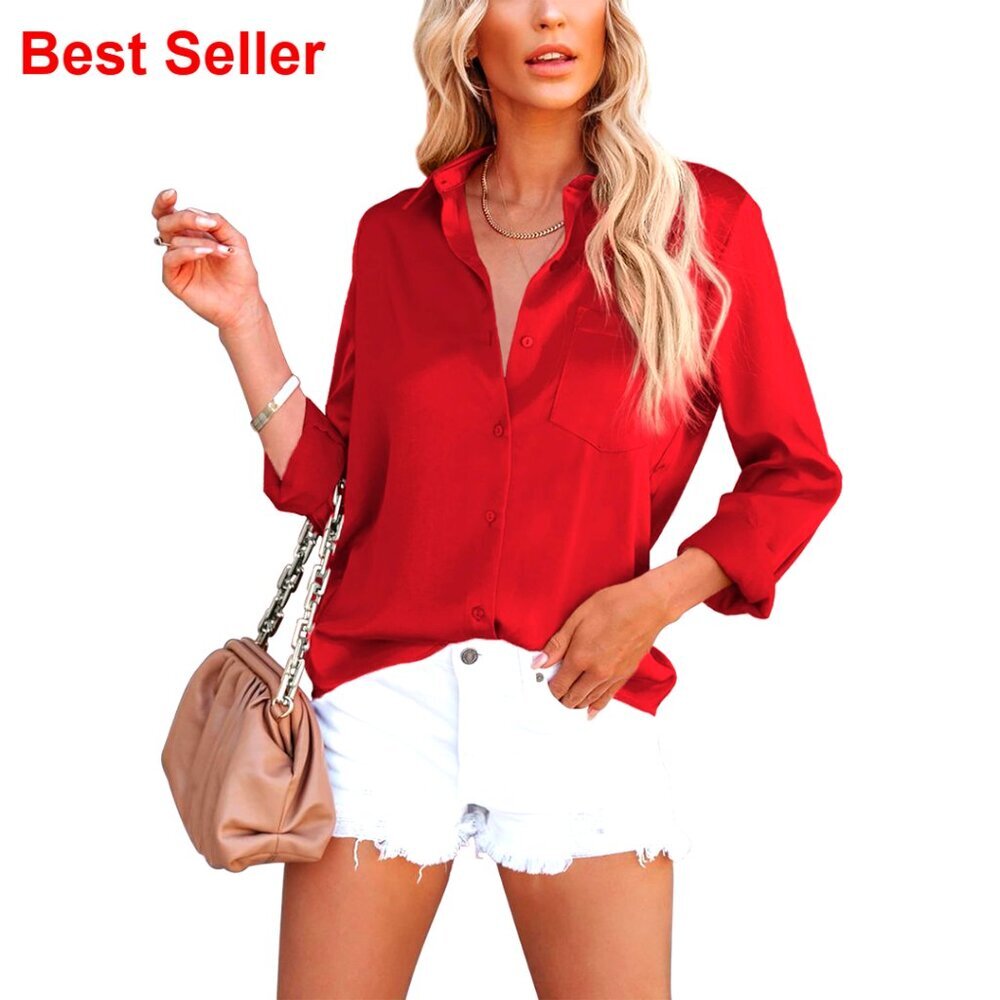 Satin V-Neck Button Down Blouse with Pocket Long Sleeve Work Casual